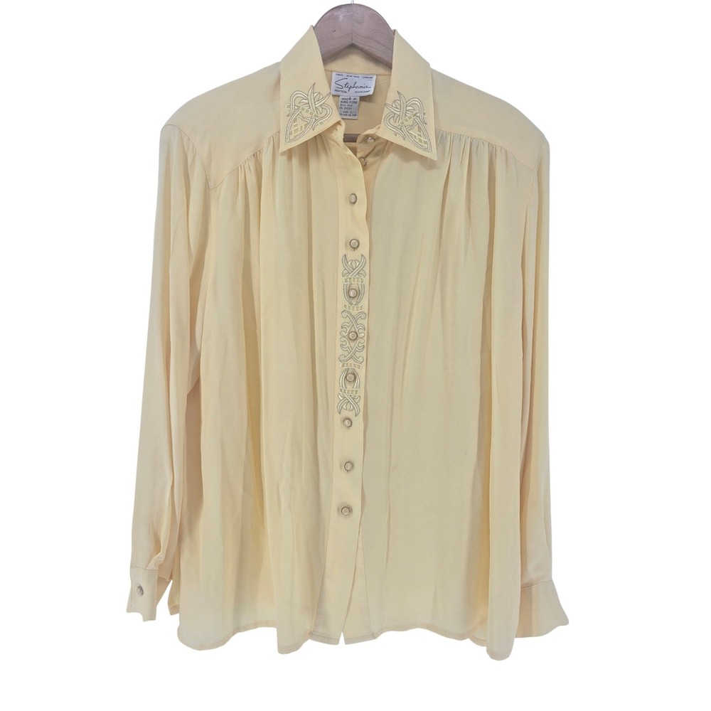 Stephanie Vintage 100% Silk Yellow Beaded Blouse Size Large‎ Sequin Party Top